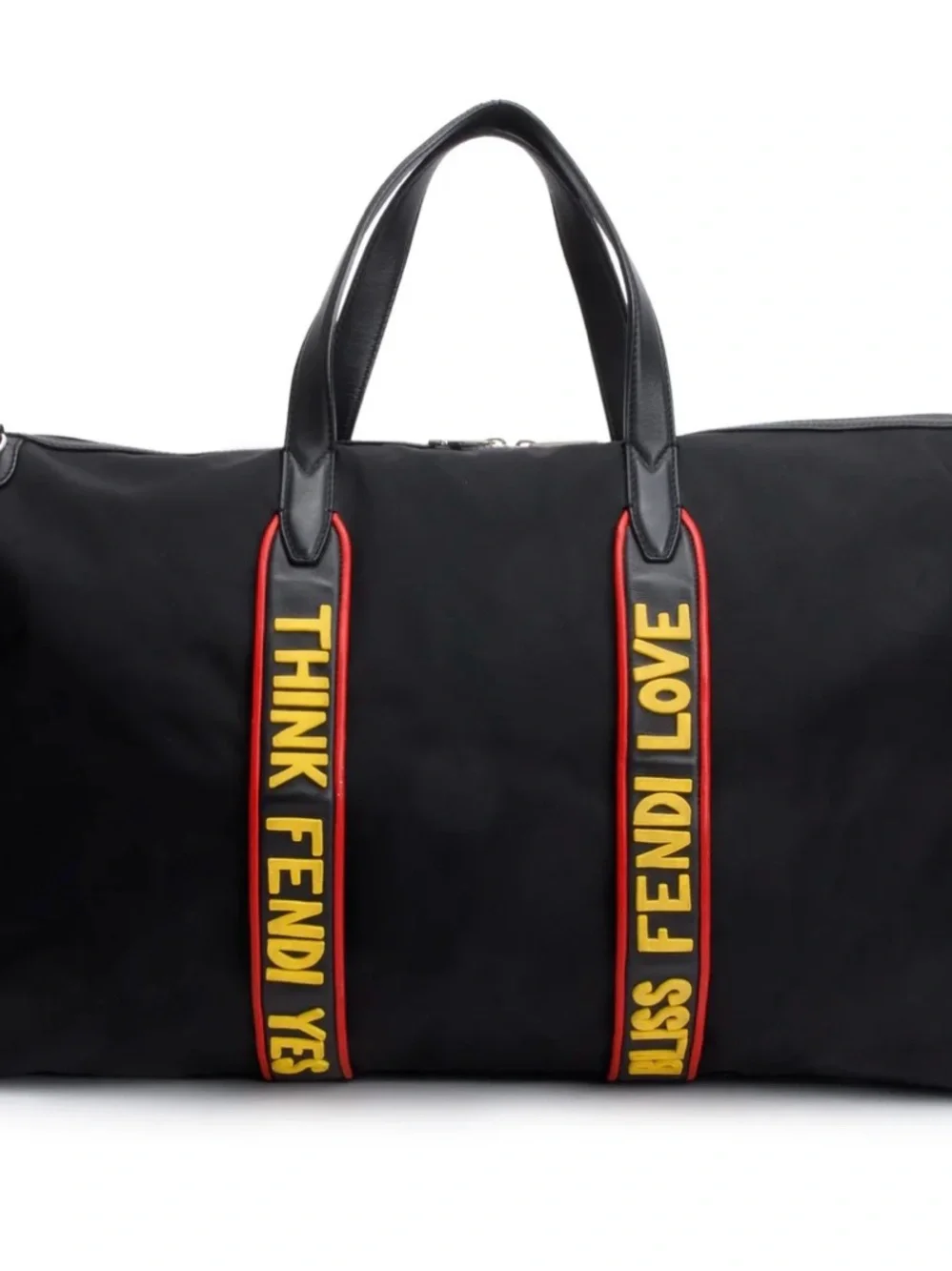Fendi Black Duffel Bag with Yellow and Red Logo Straps